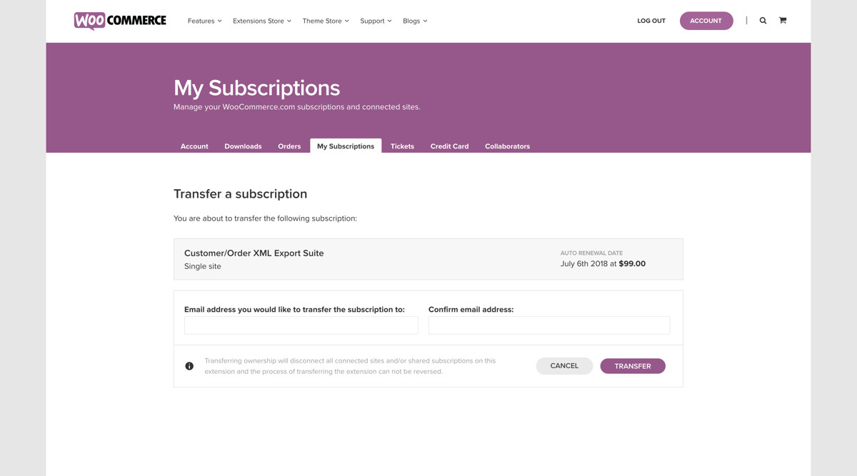 WooCommerce.com subscriptions transfers