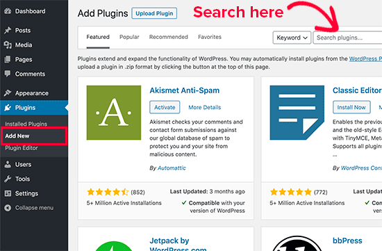 Searching for plugins to install in WordPress admin area
