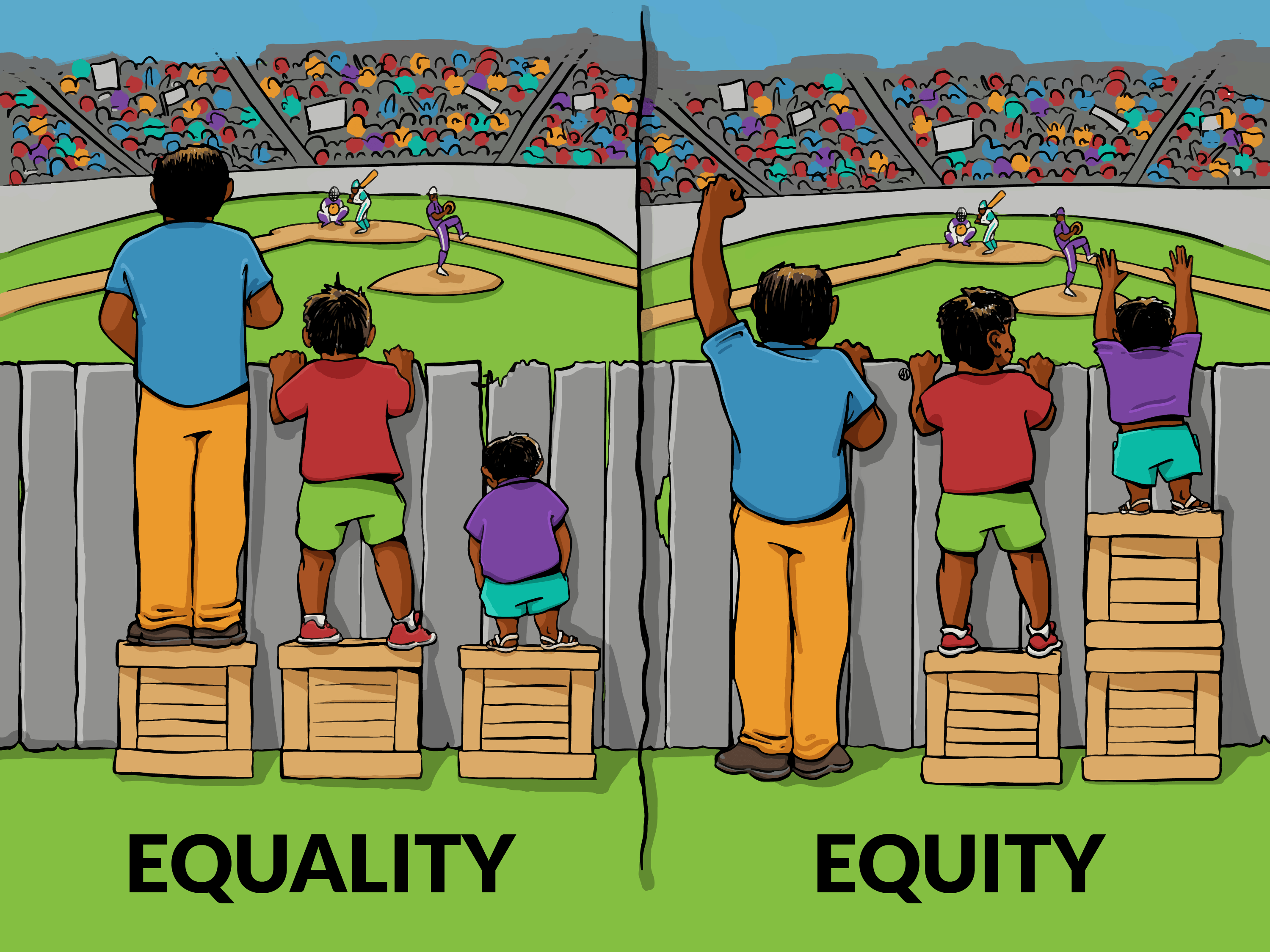 Equality is giving everyone a box, but equity is giving everyone exactly what they need to see the game. (Image credit: Interaction Institute for Social Change, illustrated by Angus Maguire