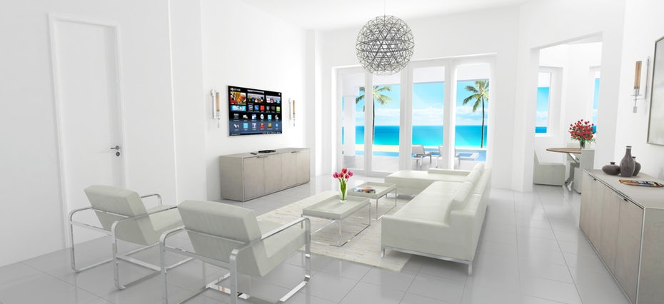 3D mockup of an all-white room overlooking a beach
