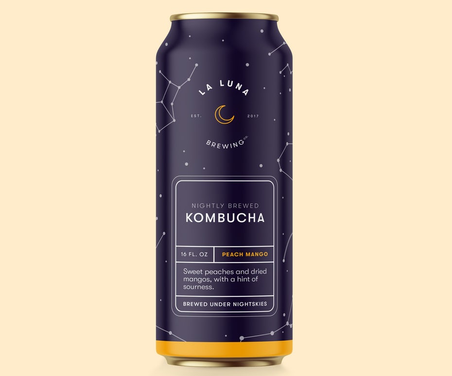 Packaging design trends 2020 example: neatly structured Kombucha packaging