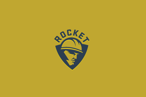 badge-shaped image showing a man’s face with the text “rocket”