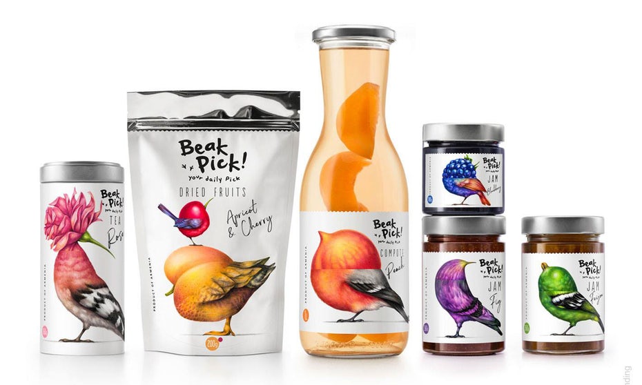 Packaging design trends 2020 example: Beak Pick bird centered packaging