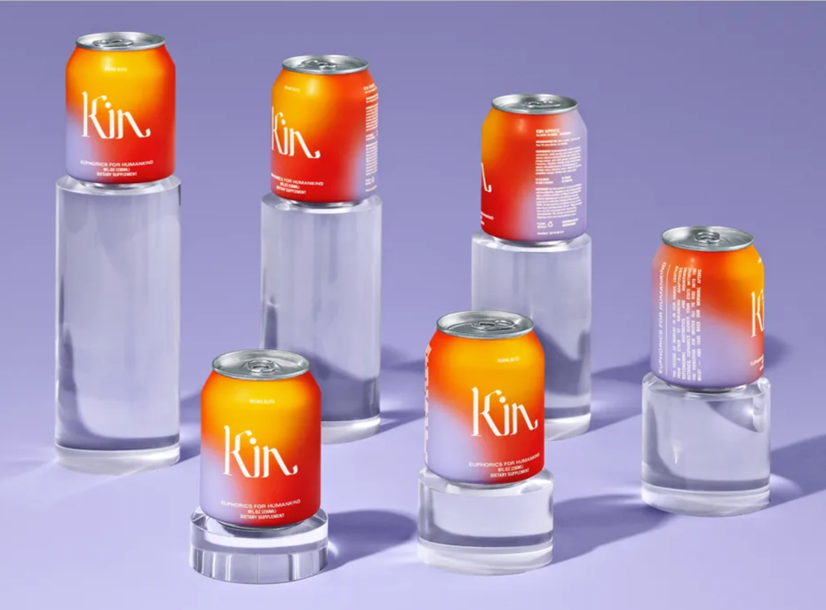 Packaging design trends 2020 example: Kin Euphorics can designs with multicolored spotted gradients