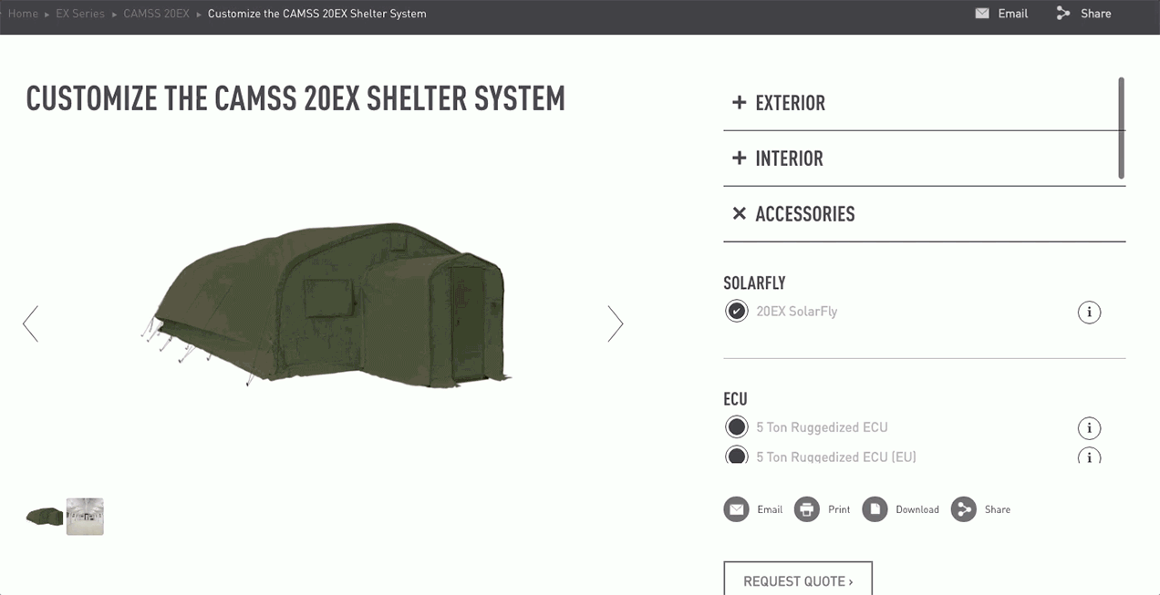 The product configurator in action, customizing the interior of a CAMSS shelter
