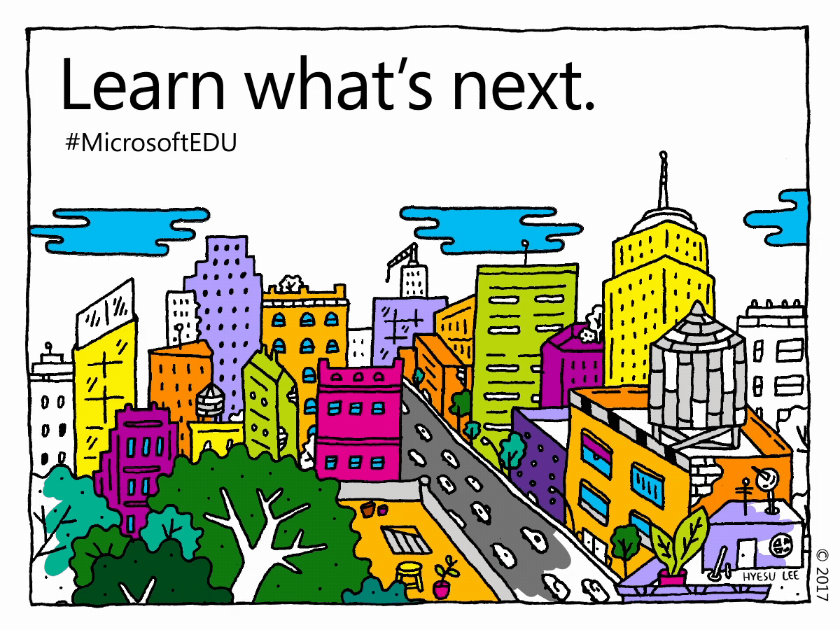 Animated gif shows colorful cartoon skyline under the words "Learn what's next" and the MicrosoftEDU hashtag