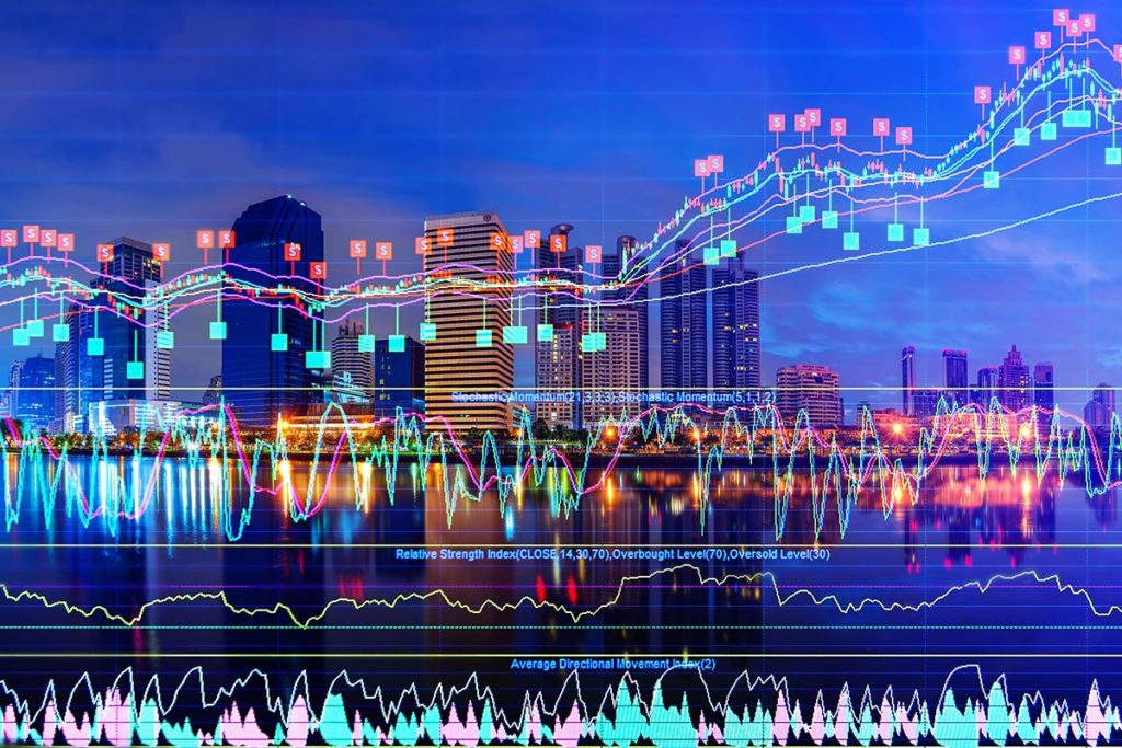City skyline overlaid with points on a graph