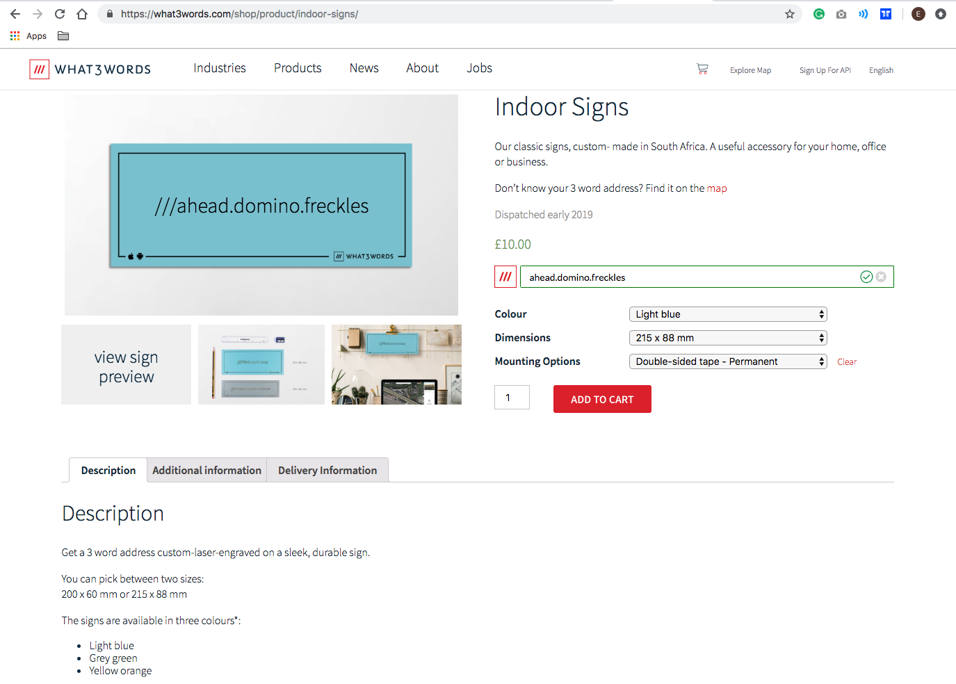The product page on the what3words sign shop, powered by WooCommerce.