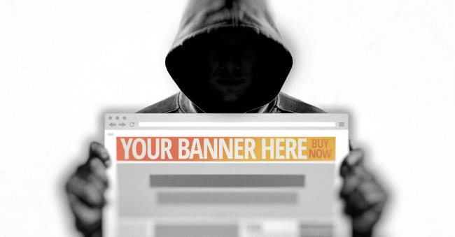 Marketing omage shows someone holding a computer with a web page featuring "your banner here, buy now" at the top of the web page.
