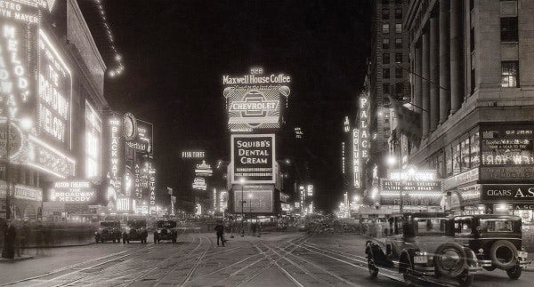 A photo of 1920s Times Square at night