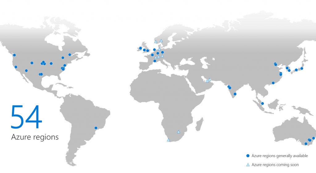 Map shows 54 Azure regions around the world