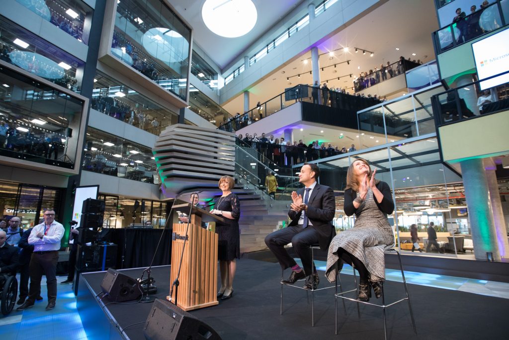 Irish Prime Minister with Microsoft executives Peggy Johnson and Cathriona Hallahan at the opening of One Microsoft Place in Dublin