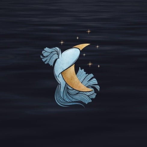 Blue fish with gold moon logo