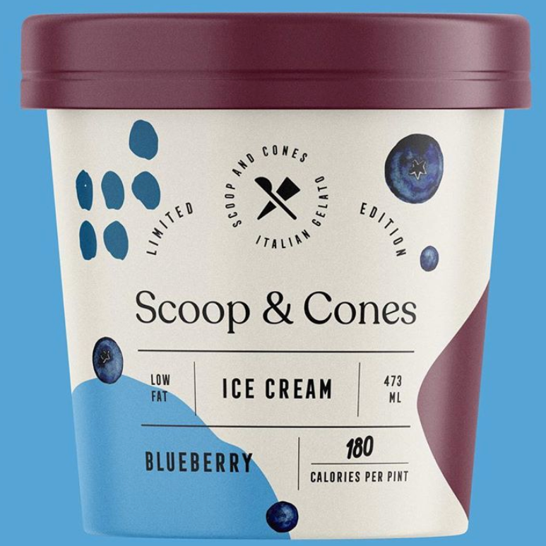 Packaging design trends 2020 example: Scoops an Cones ice cream packaging with structured layout
