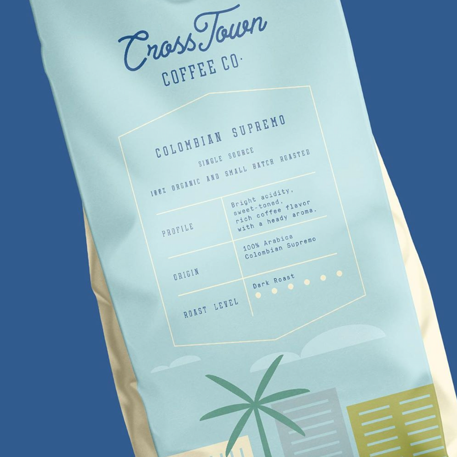Packaging design trends 2020 example: Cross Town Coffee Co. packaging with structured layout