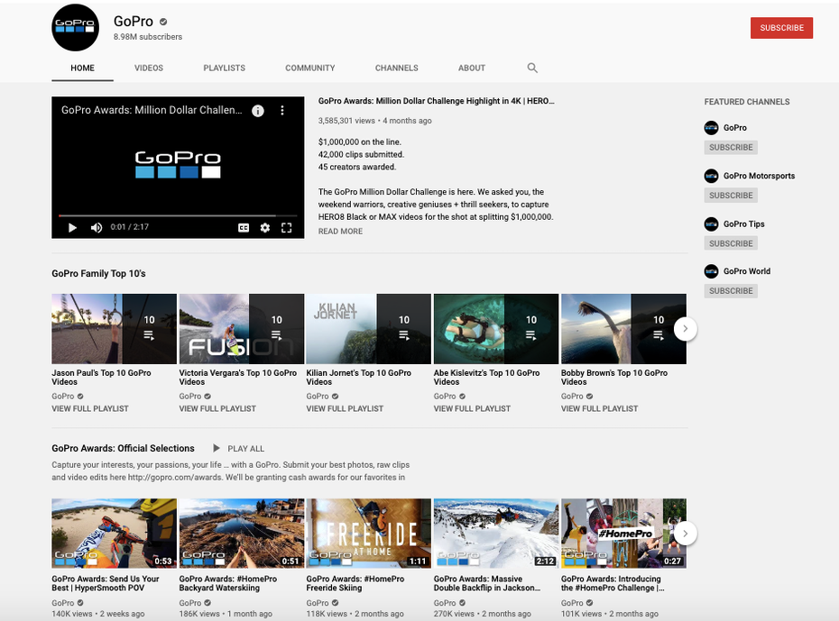 A screenshot of GoPro’s YouTube channel