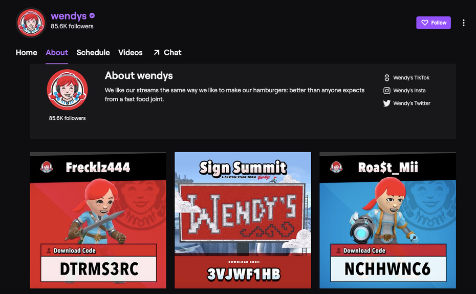 A screenshot of Wendy’s Twitch channel