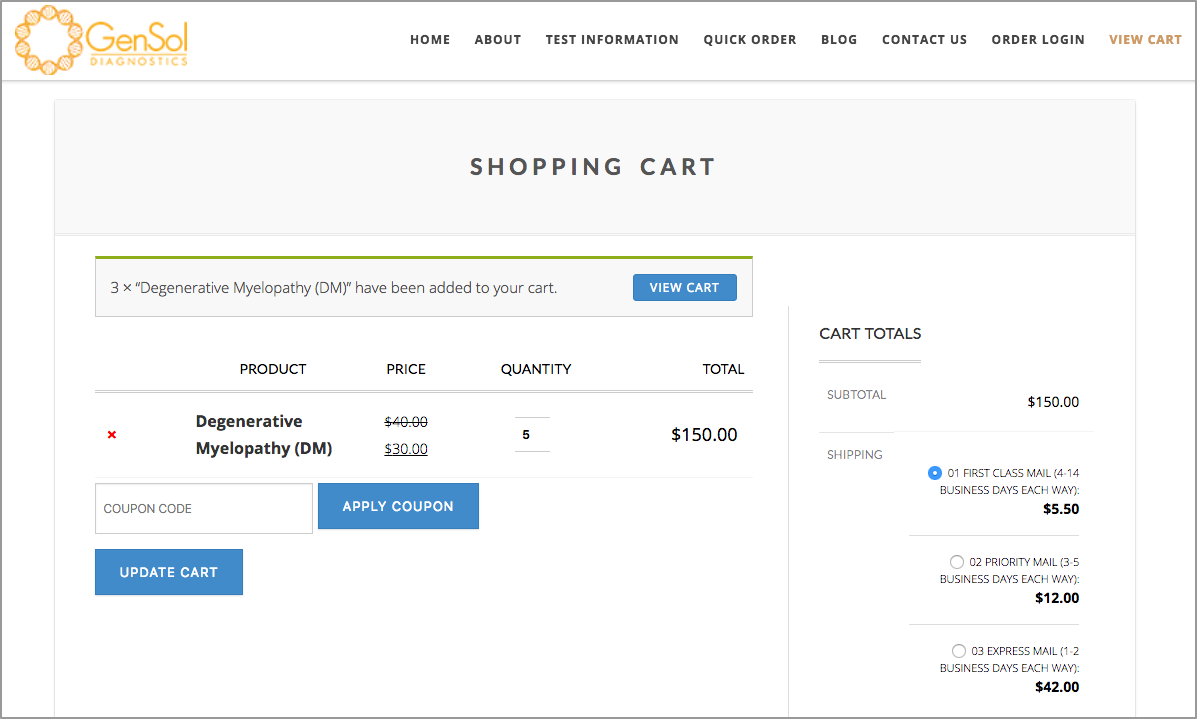 The shopping cart for GenSol Diagnostics