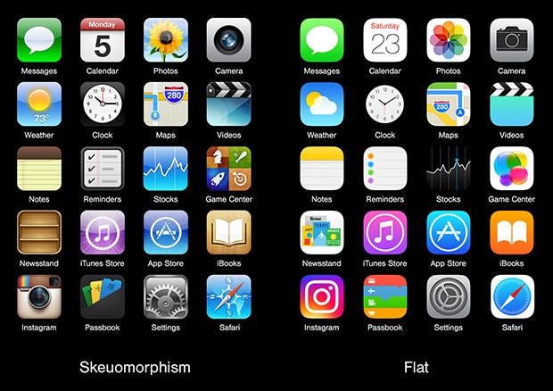 side by side comparison of skeuomorphic iPhone apps and their flat design counterparts