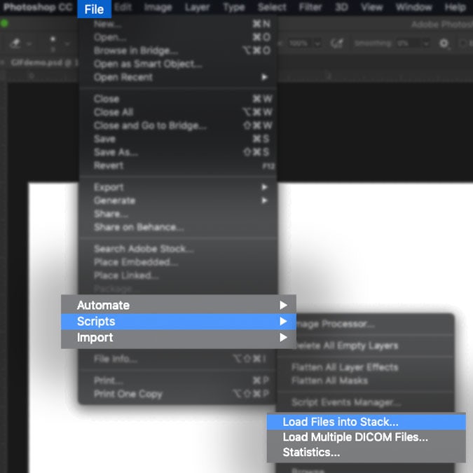 A screenshot of the Photoshop interface highlighting how to import multiple files to make a GIF