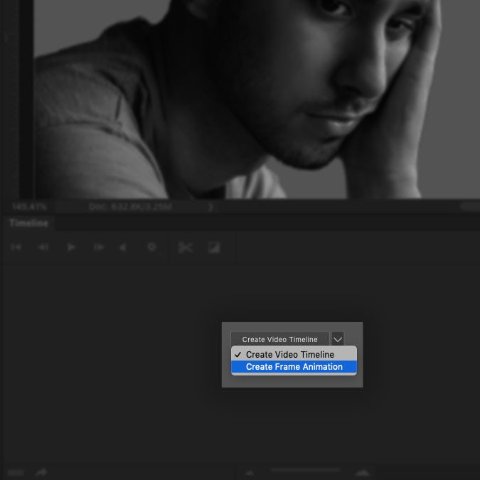 A screenshot of the Photoshop interface highlighting how to create a frame animation