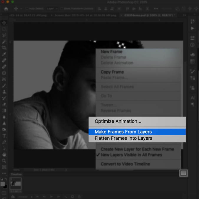 A screenshot of the Photoshop interface highlighting how to make animation frames from layers