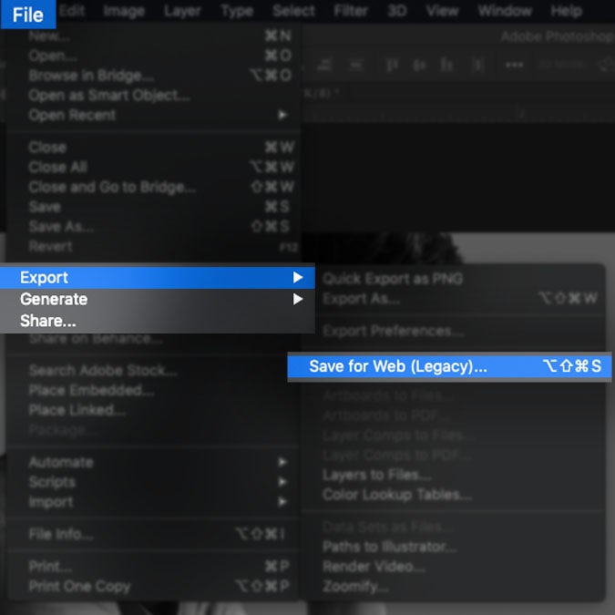 A screenshot of the Photoshop interface highlighting how to export an animated GIF
