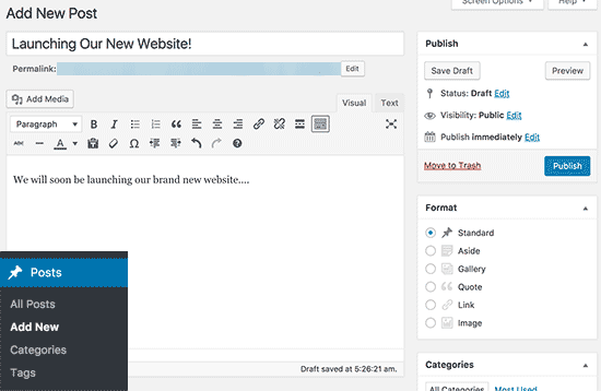 Adding a new post in WordPress