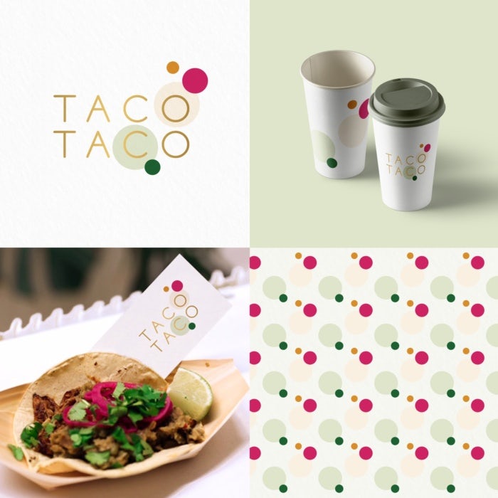 playful brand identity design for taco shop with pattern, logo and cup 