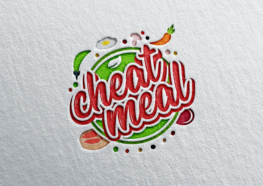 circular logo with various foods surrounding the words “cheat meal”