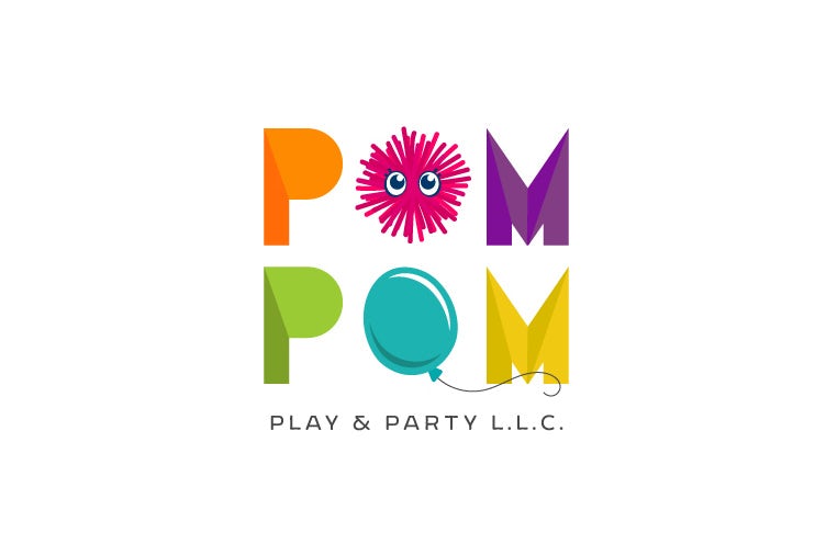 colorful rainbow logo with pom poms and balloons