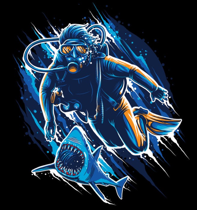 Shark chasing diver illustration