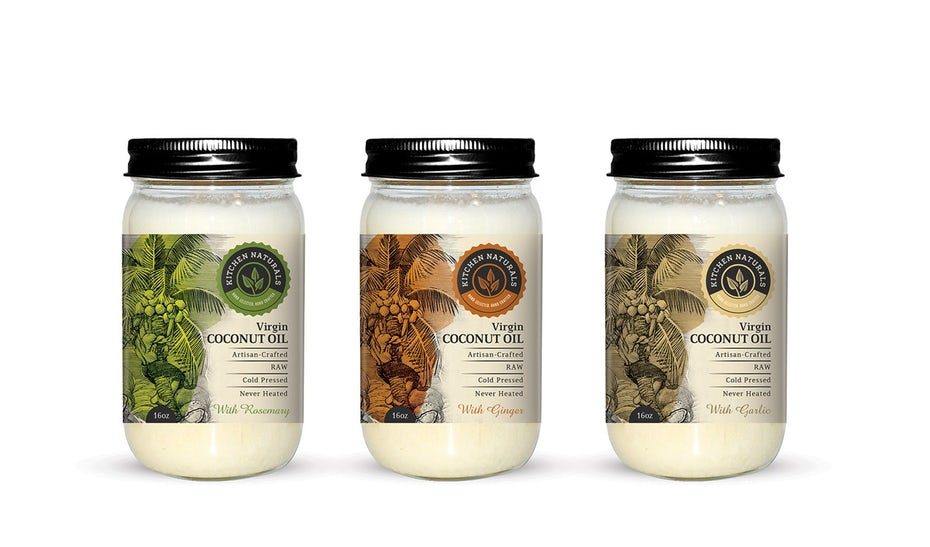 Packaging design trends 2020 example: Kitchen Naturals Virgin Coconut Oil packaging
