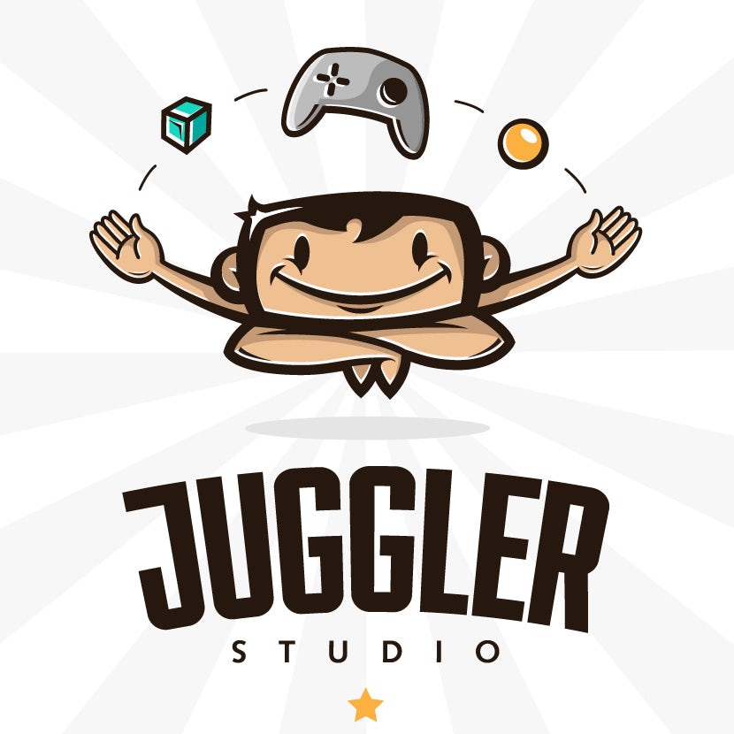 A humorous character-driven logo for a videogame developer