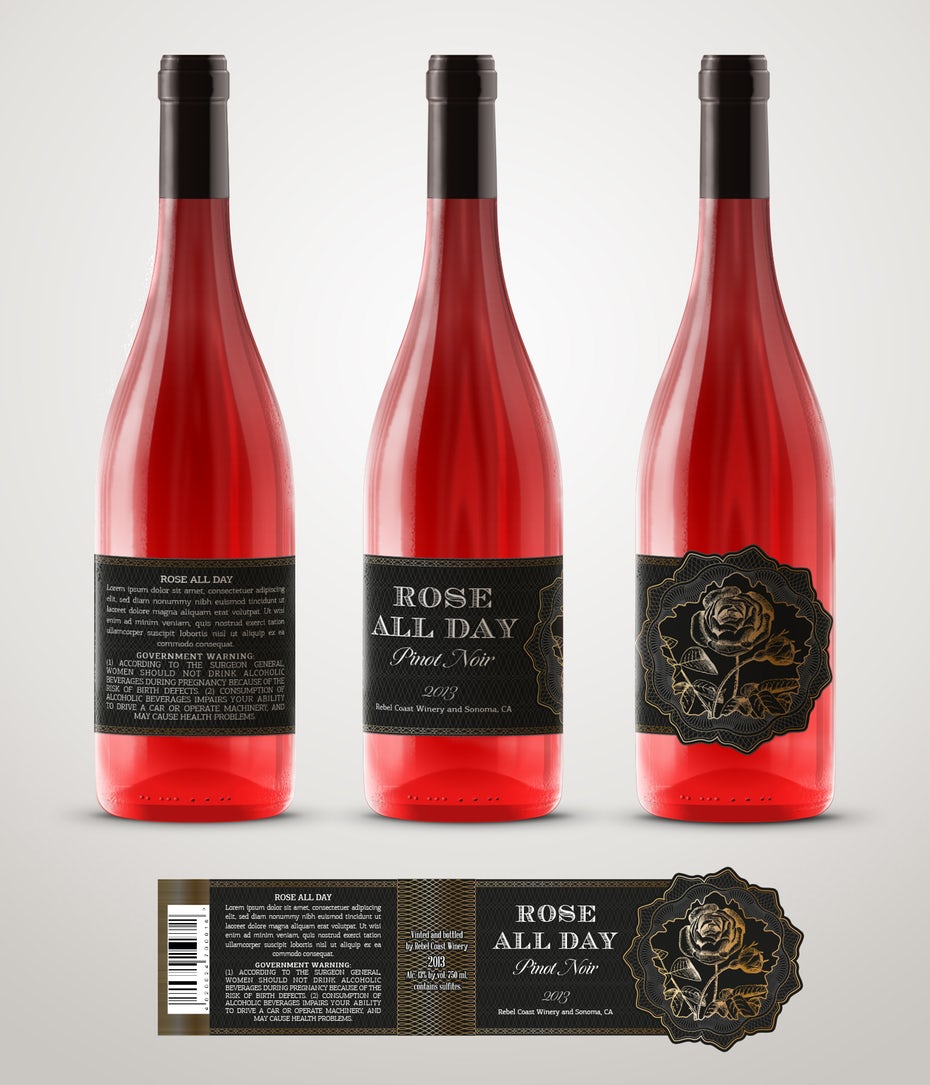 Wine label with foil and die-cutting