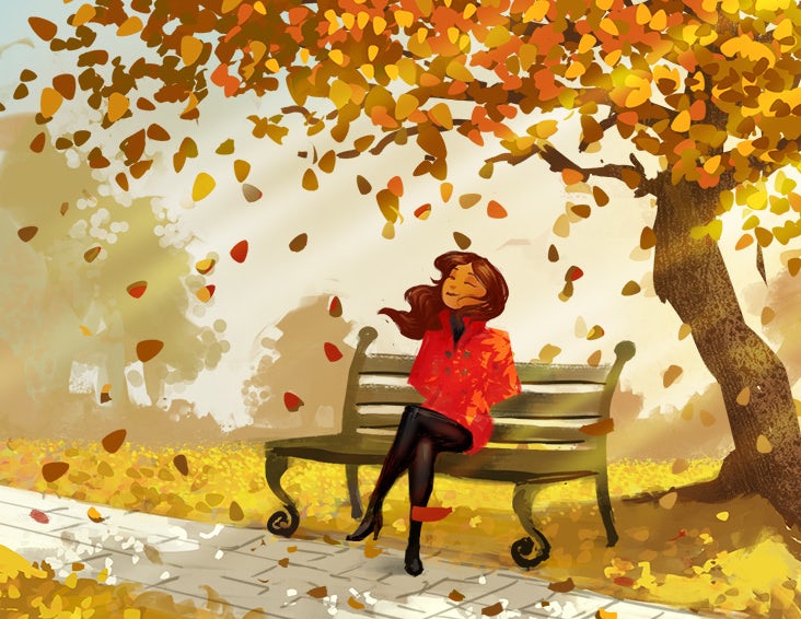 Woman enjoying autumn leaves illustration