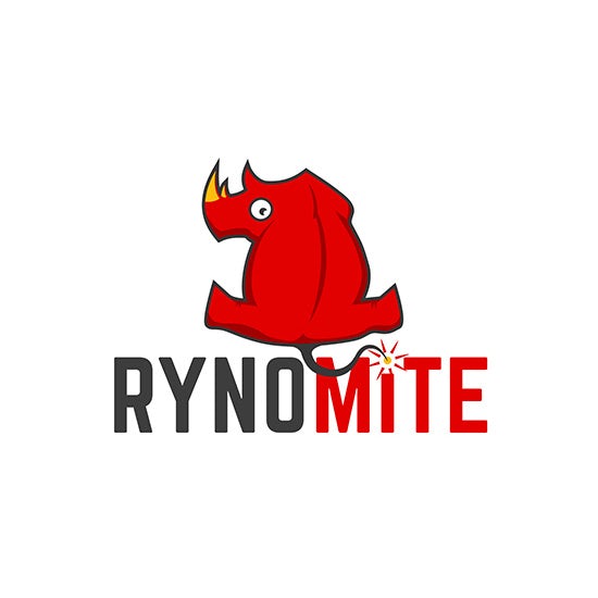 red rhinocerous looking backward with the text “rynomite”