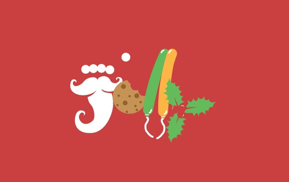 the word “jolly” created with letters that look like various objects: Santa’s beard, balloons, cookies and holly