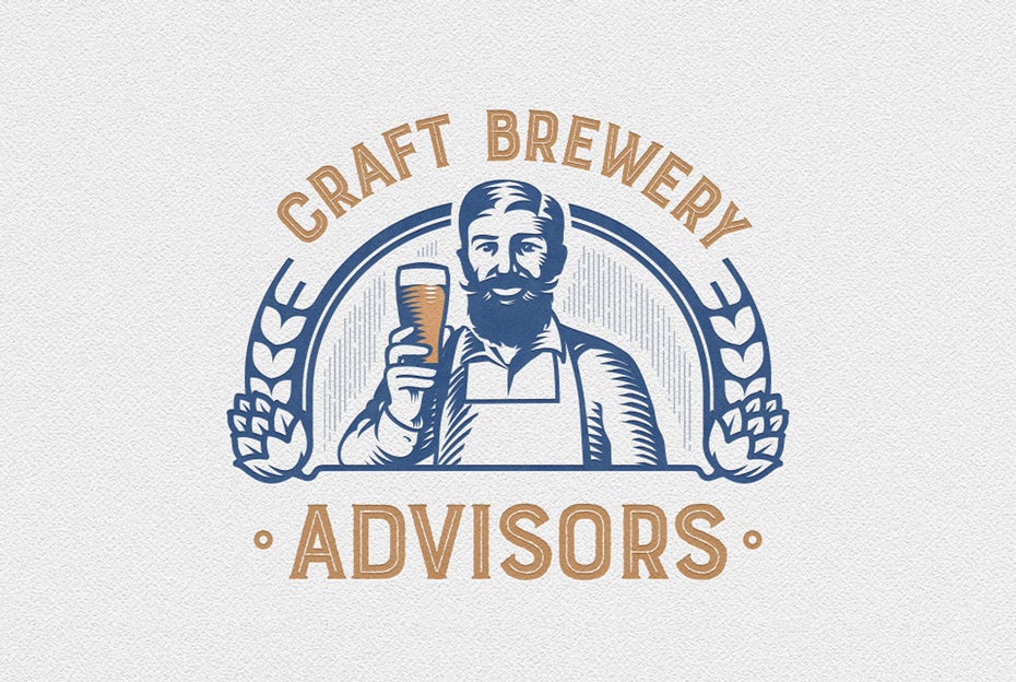 two-tone vintage style logo of a man holding up a glass of beer and smiling at the viewer