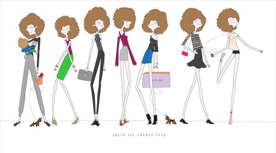 Character illustrations showing a cartoon woman in different outfits