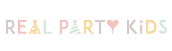 text “Real Party Kids” in pastel party favor-themed font