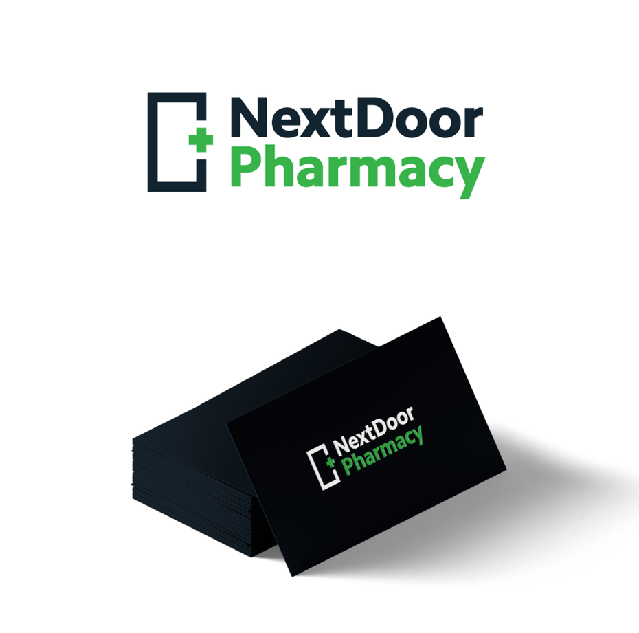 simple bold pharmacy logo with outline of door and green cross