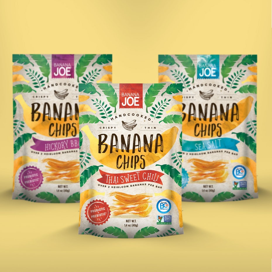 Packaging pouch design for banana chips with illustrated elements