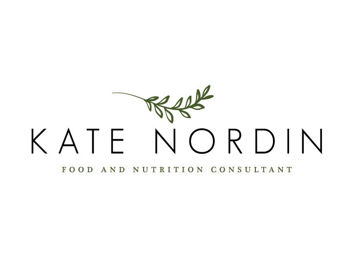 Simple logo of the name “Kate Nordin” beneath a vine with multiple leaves