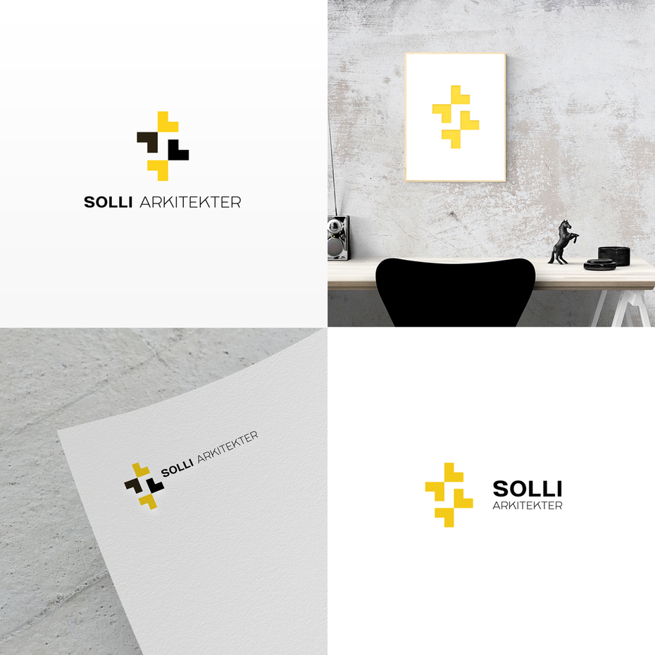 Four instances of a black and yellow geometric logo