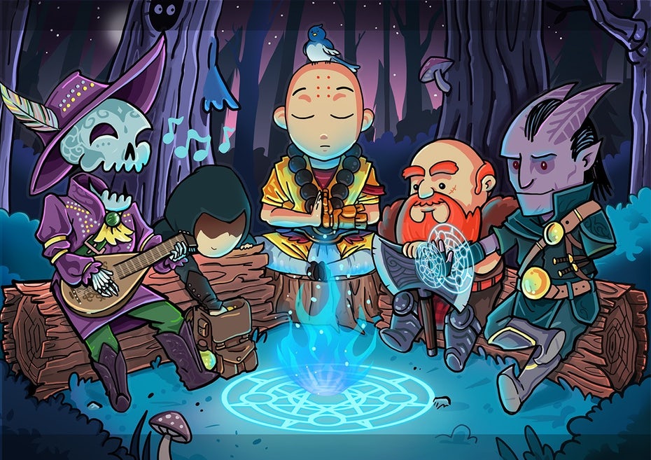 fictional characters around a campfire