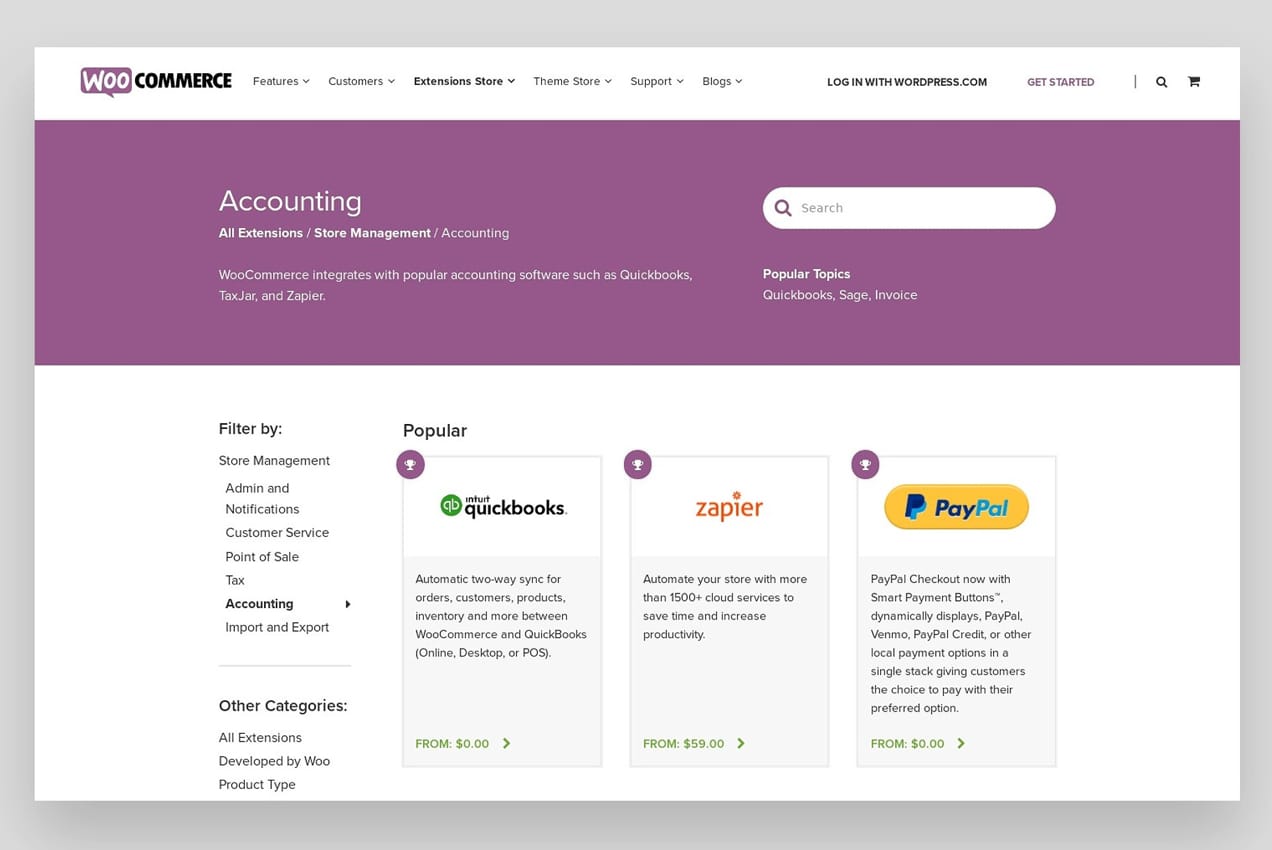 accounting extensions page on WooCommerce.com
