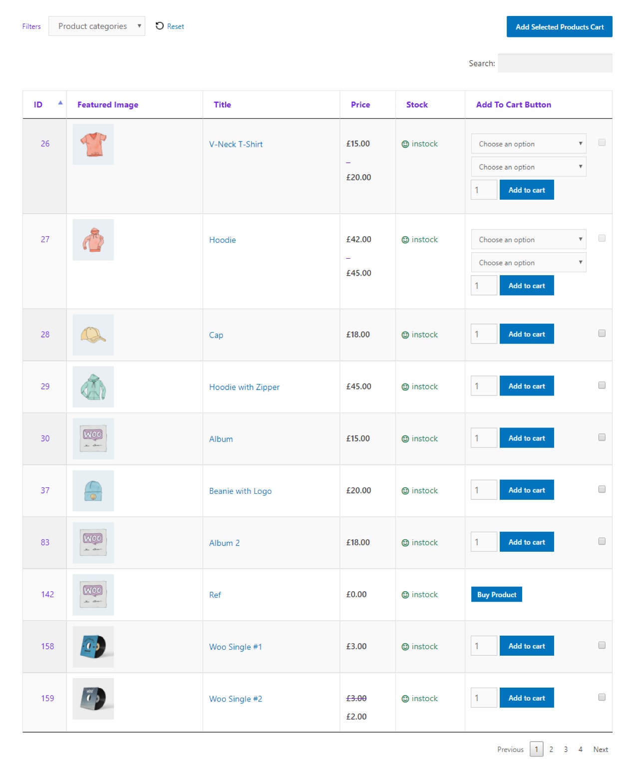 products shown in a table view