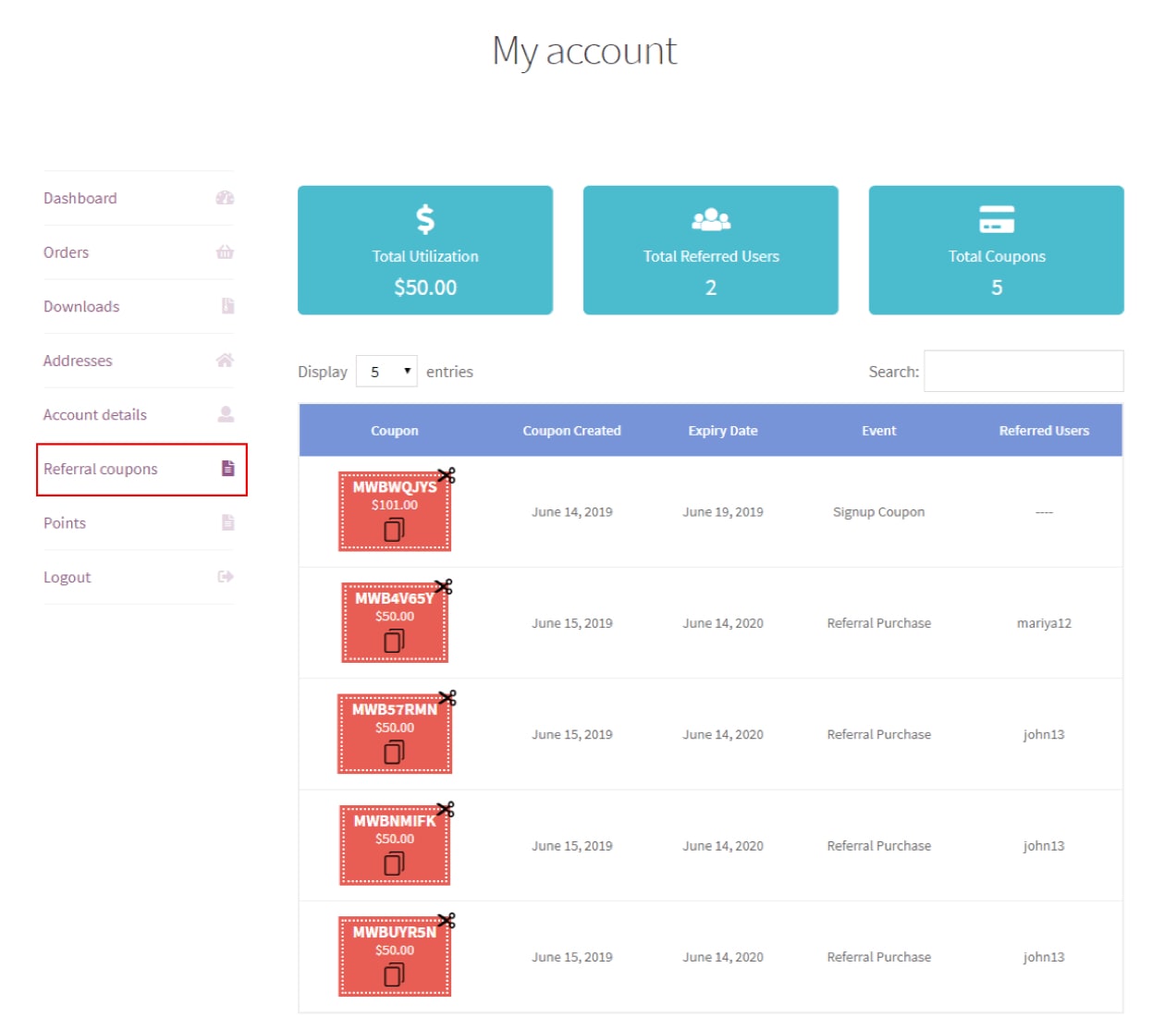 customer dashboard of the Coupon Referral Program extension, which can help increase referral traffic