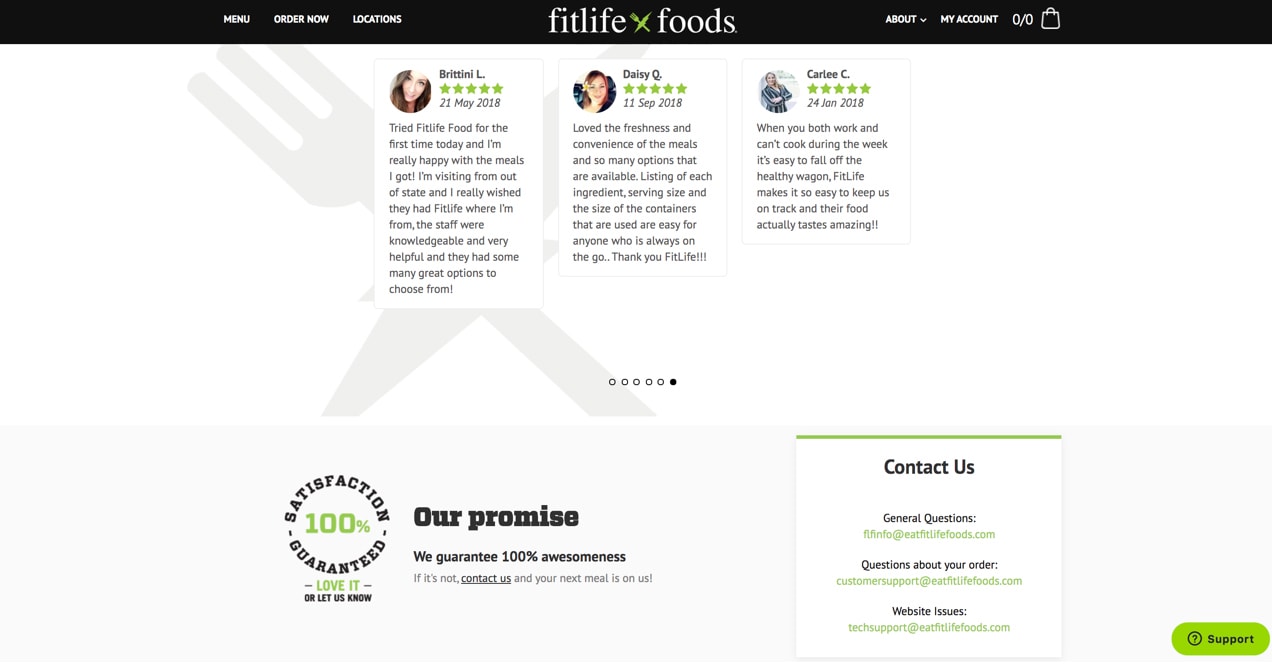 FitLife Foods site, with a 100% satisfaction guaranteed notice